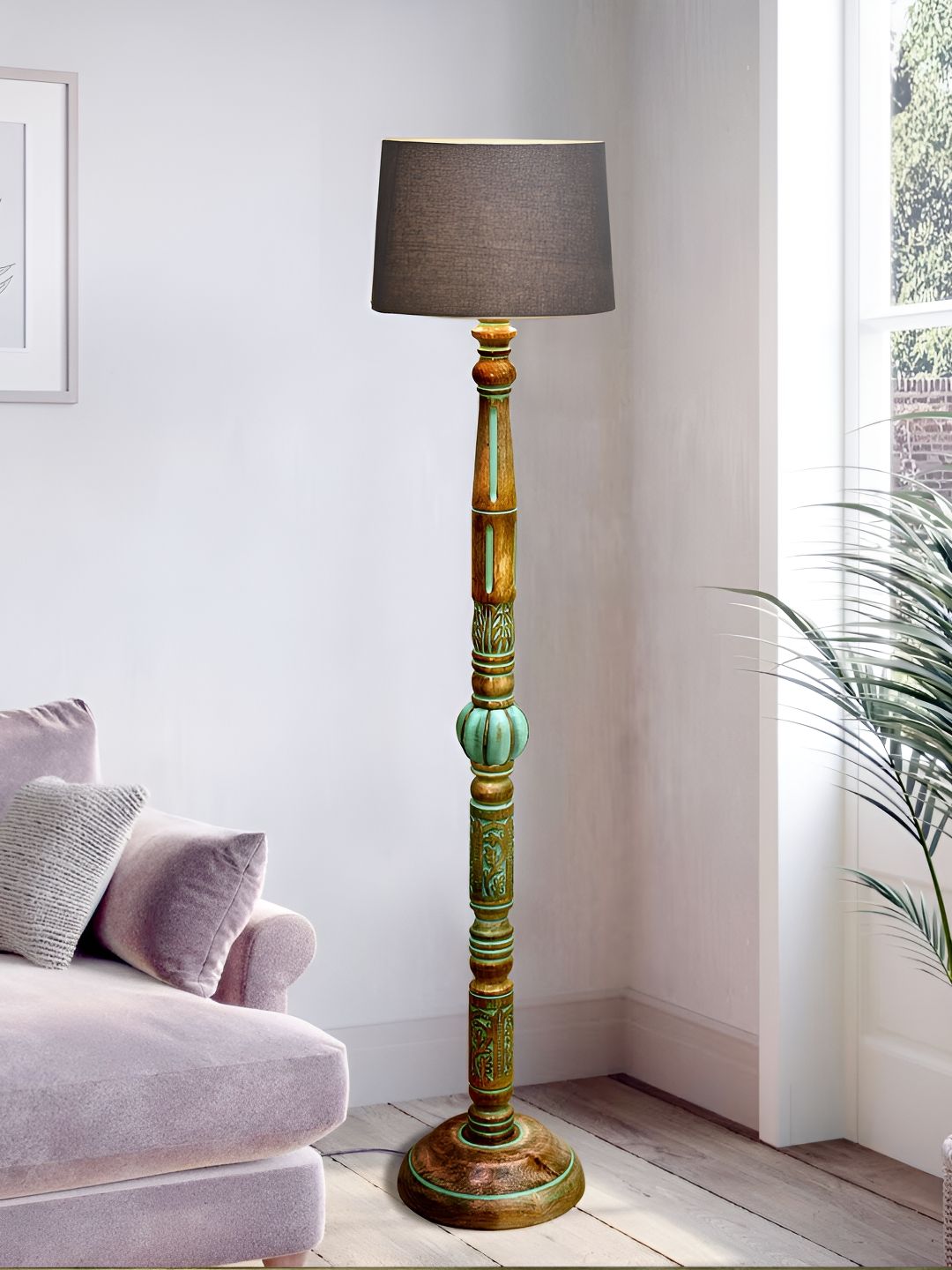 Homesake Royal Carving Brown & Grey Textured Wooden Floor Lamp-picture-10