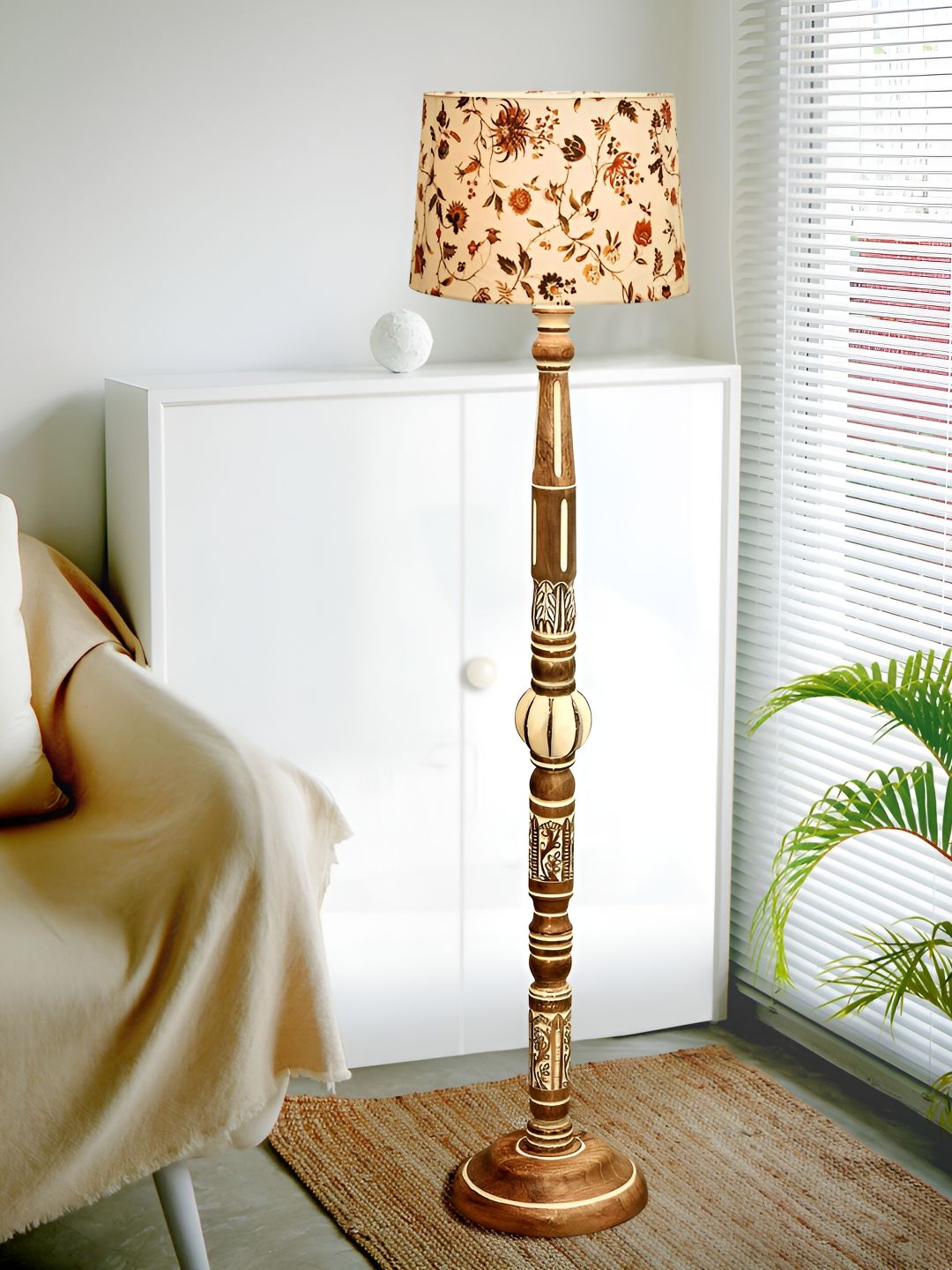 Homesake Royal Carving Brown Printed Antique White Finish Wooden Floor Lamp Wth Shade-image-8