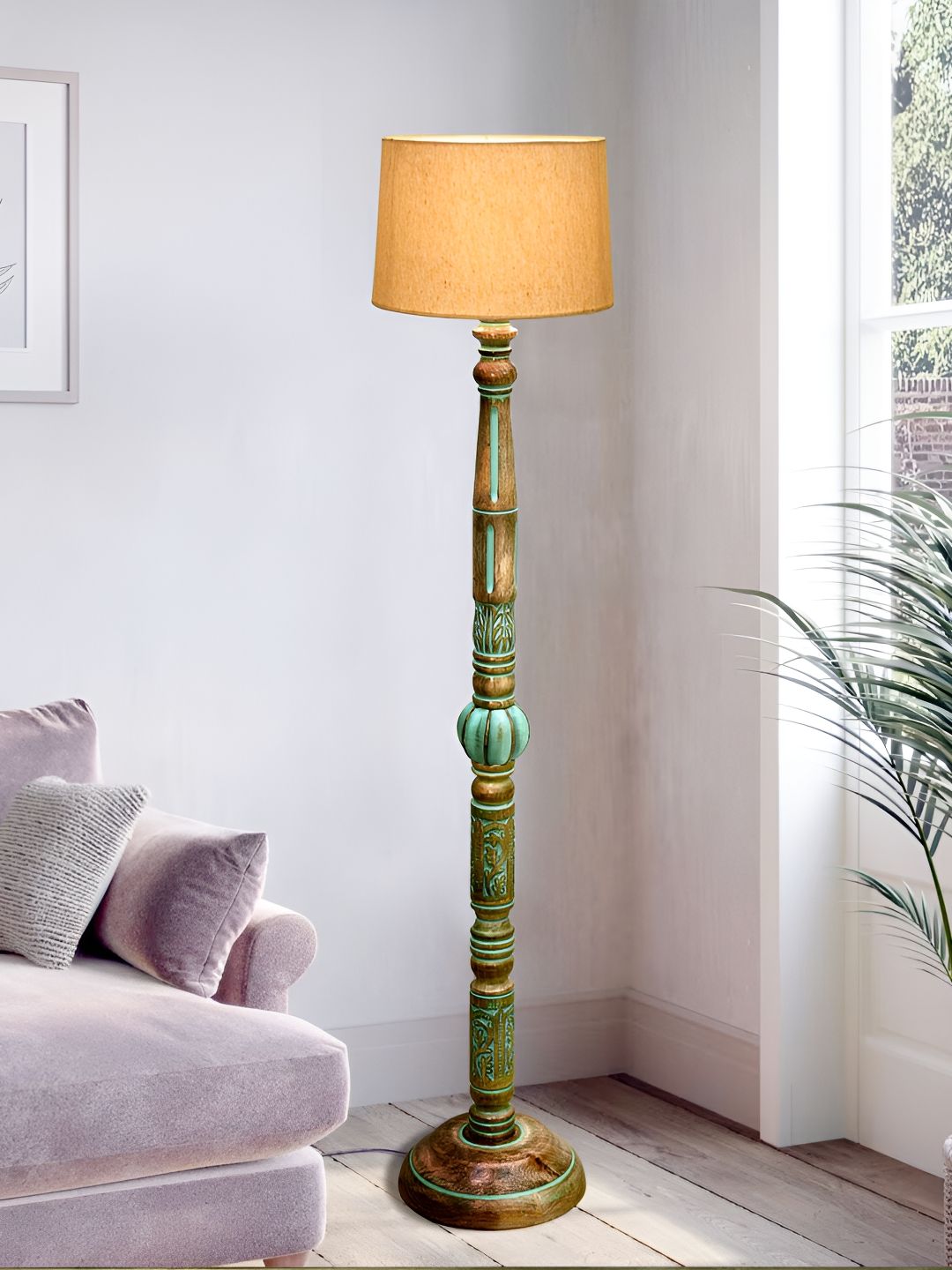 Homesake Royal Carving Green & Brown Wooden Floor Lamp With Shade-picture-1