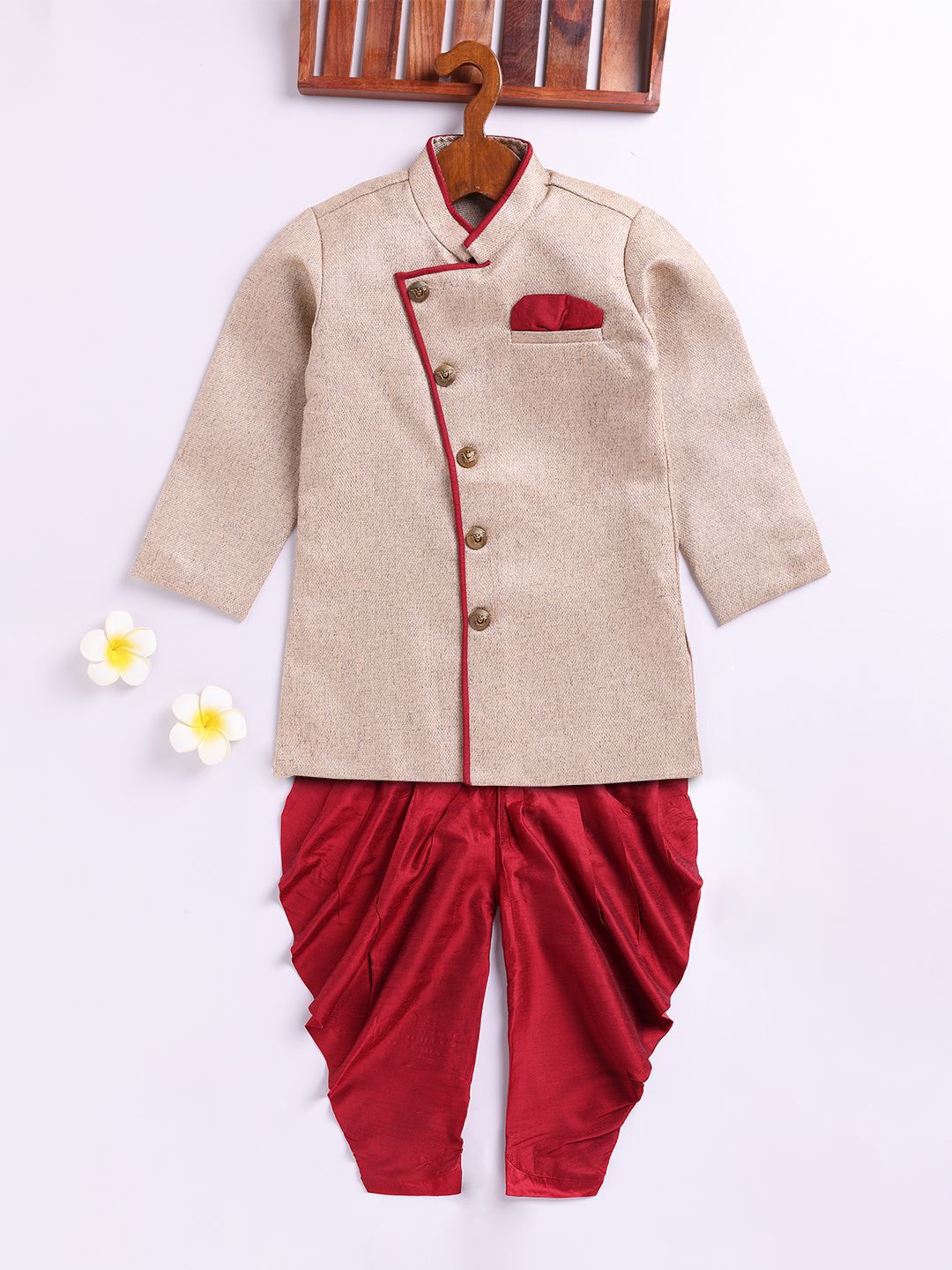 JBN Creation Boys Self-Design Angrakha Pattern Mandarin Collar Sherwani With Dhoti Set-picture-58