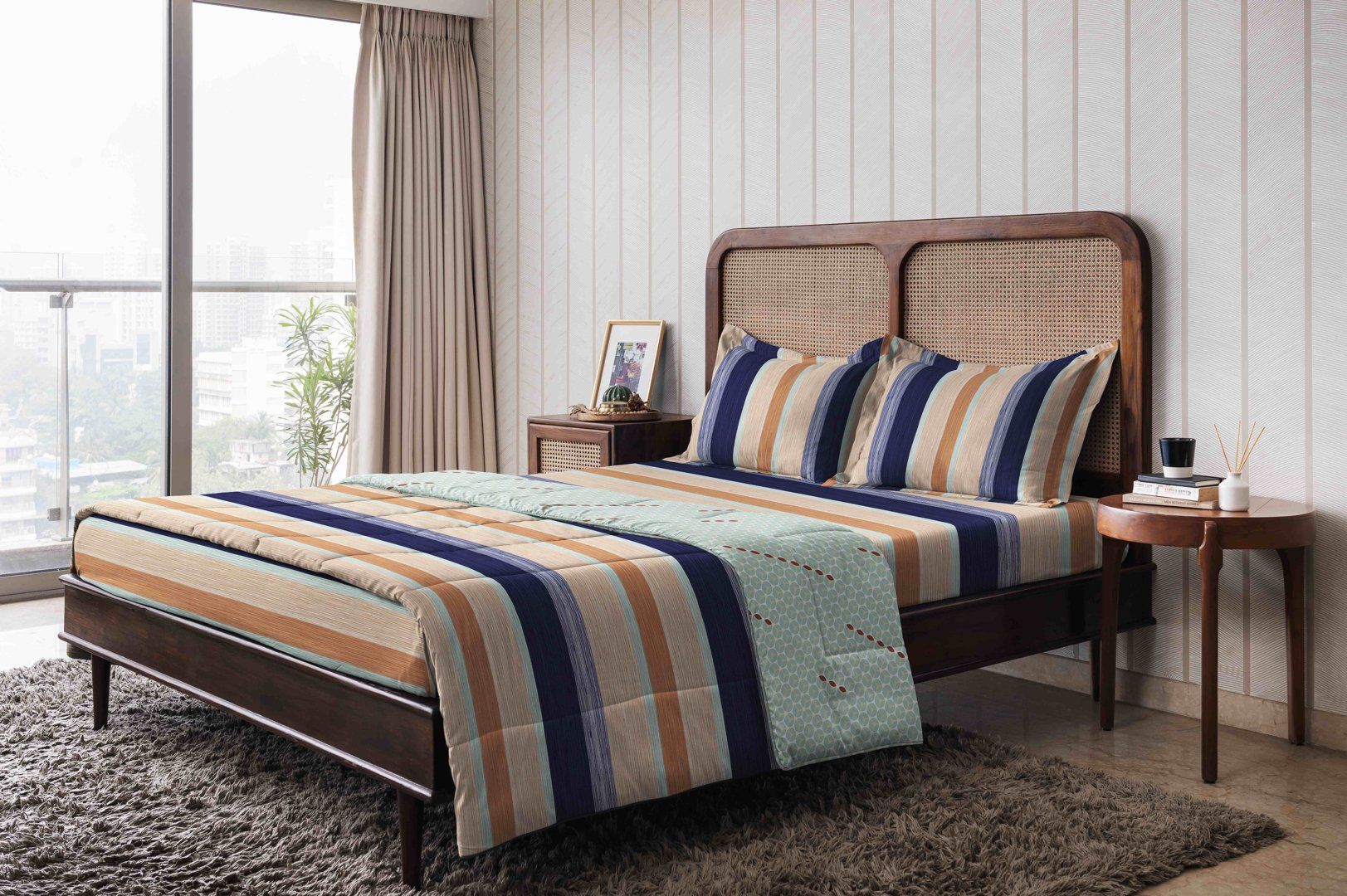 The Happy Pod Blue & Peach Stripe Pure Cotton King Bedding Set-picture-37