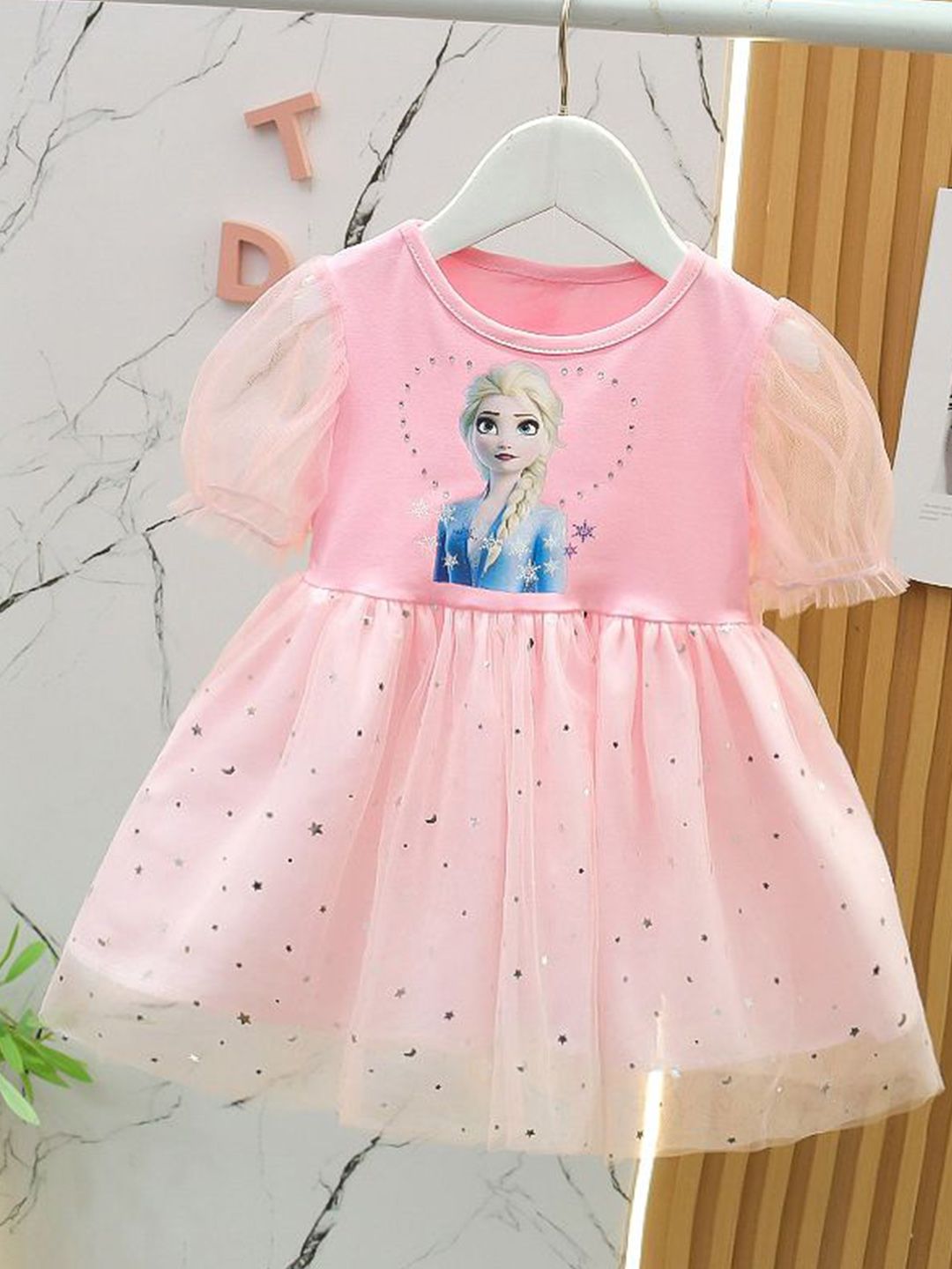 YK Girl Frozen Princess Cartoon Print Embellished Tulle Fit & Flare Dress-picture-57
