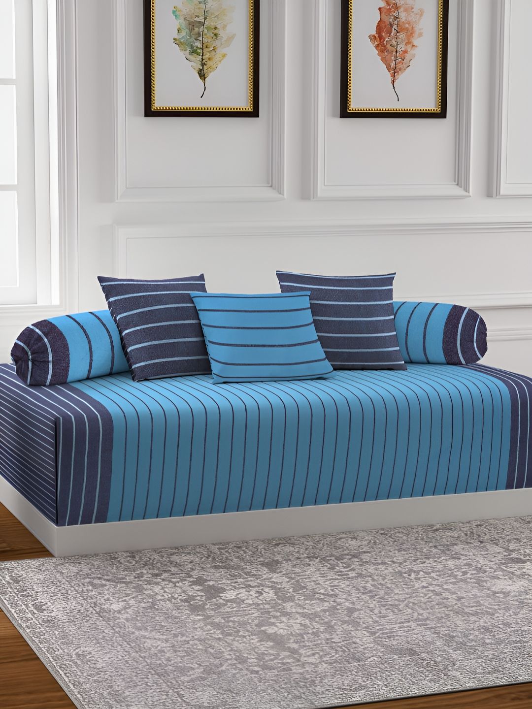 Myntra Elegant Homes Blue & Navy Blue 6-Pieccs Striped Diwan Set-picture-38