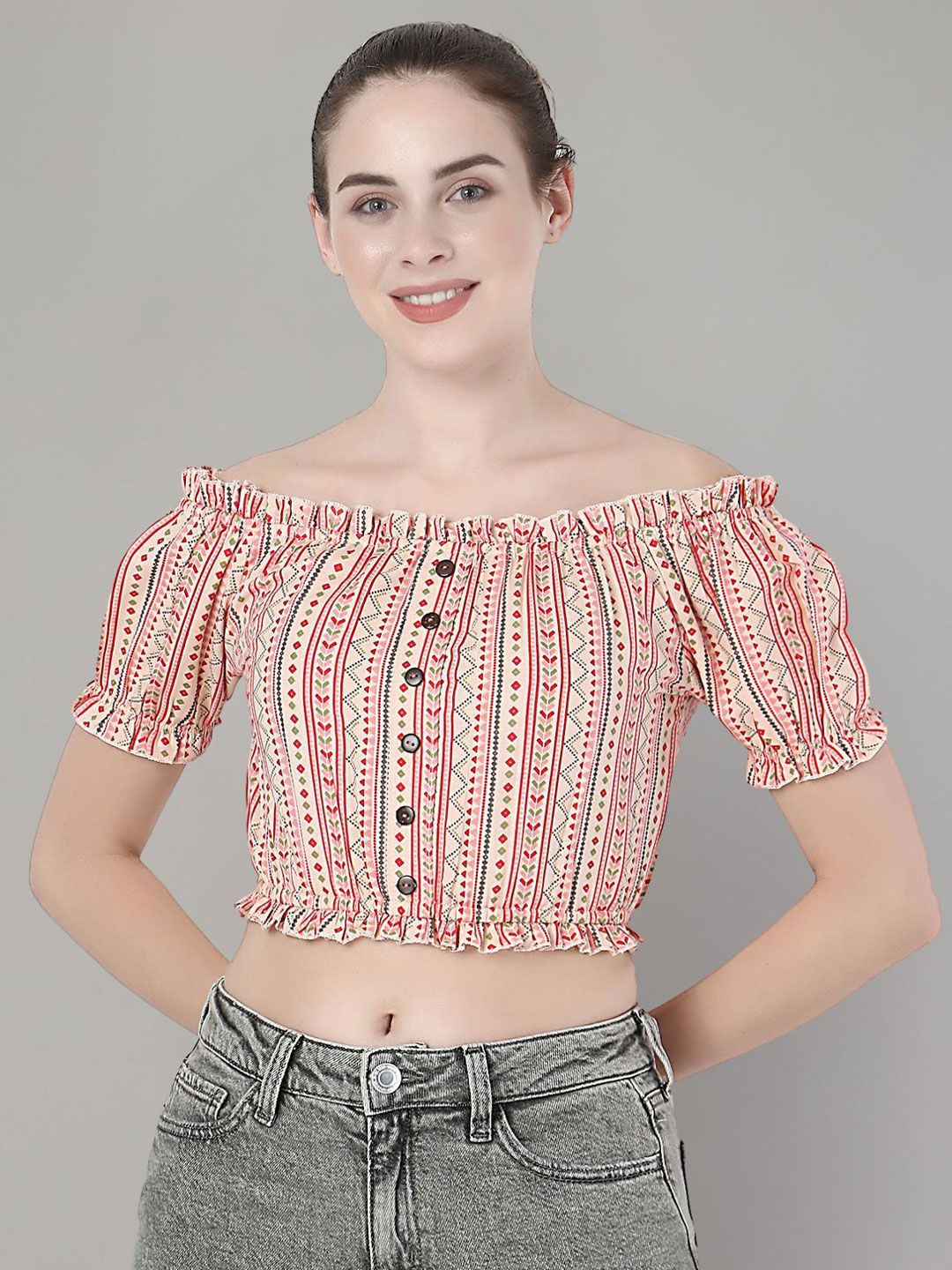 Zuvino Women Striped Off-Shoulder Puff Sleeve Ruffles Bohemian Blouson Crop Top-picture-49