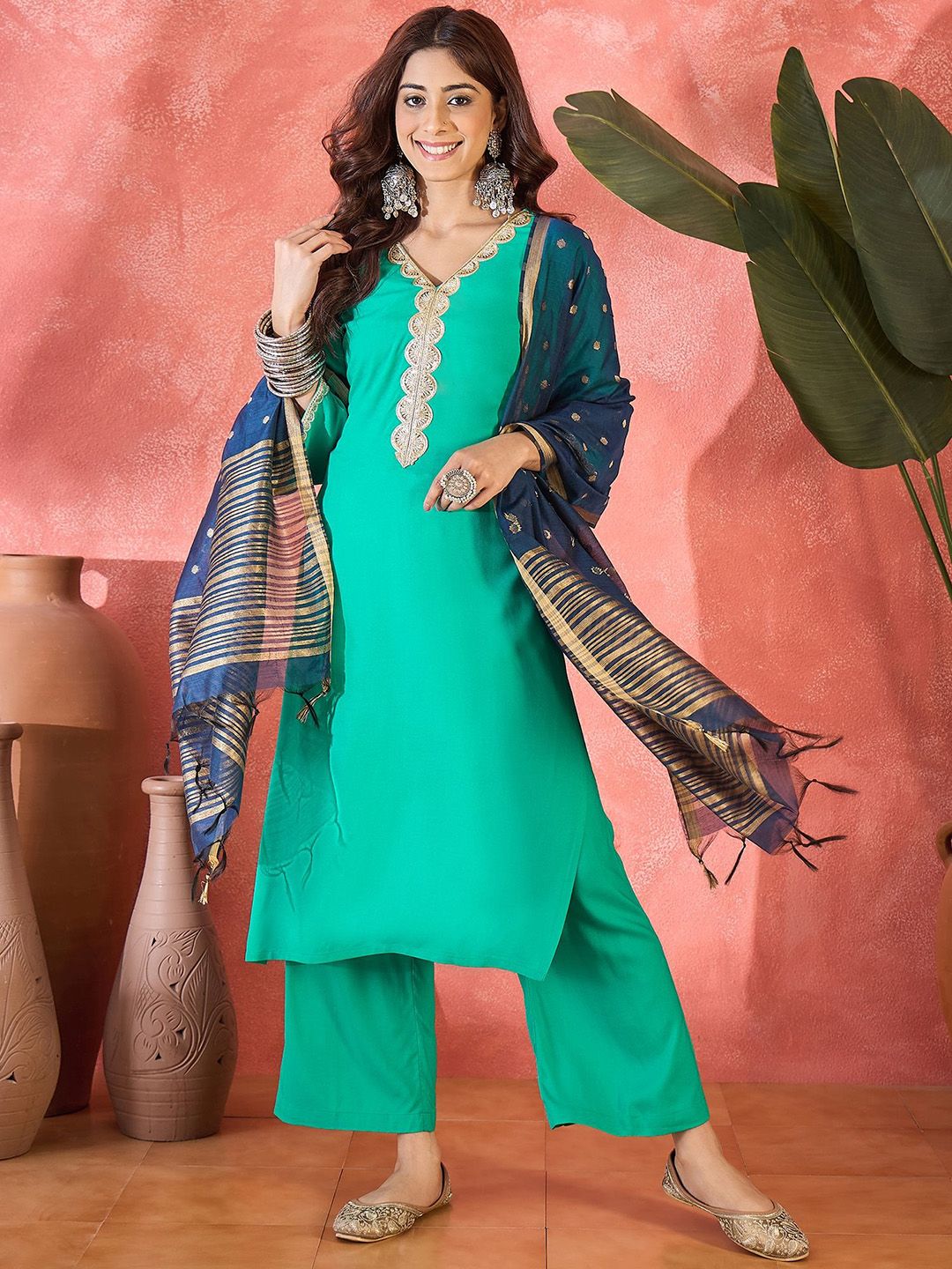 Sangria Floral Embroidered V-Neck Straight Kurta & Trouser With Dupatta-picture-14