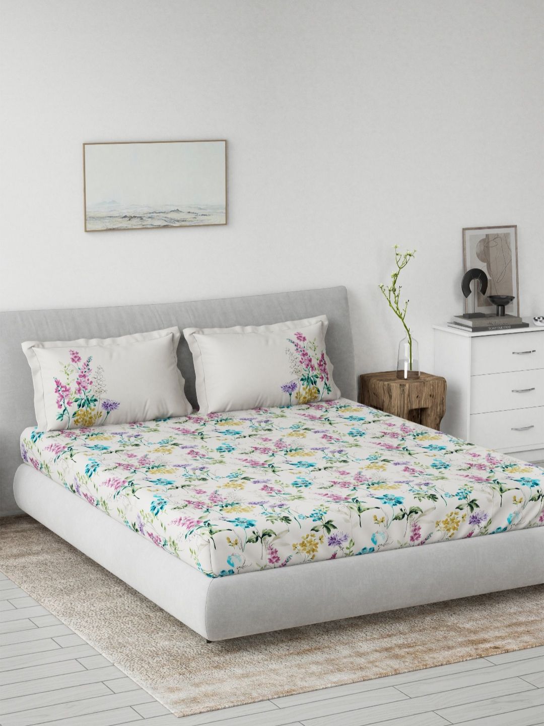 DDecor Purple & Blue Floral Printed Cotton 145 TC King Bedsheet Set 2.29 m X 2.74 m-picture-34