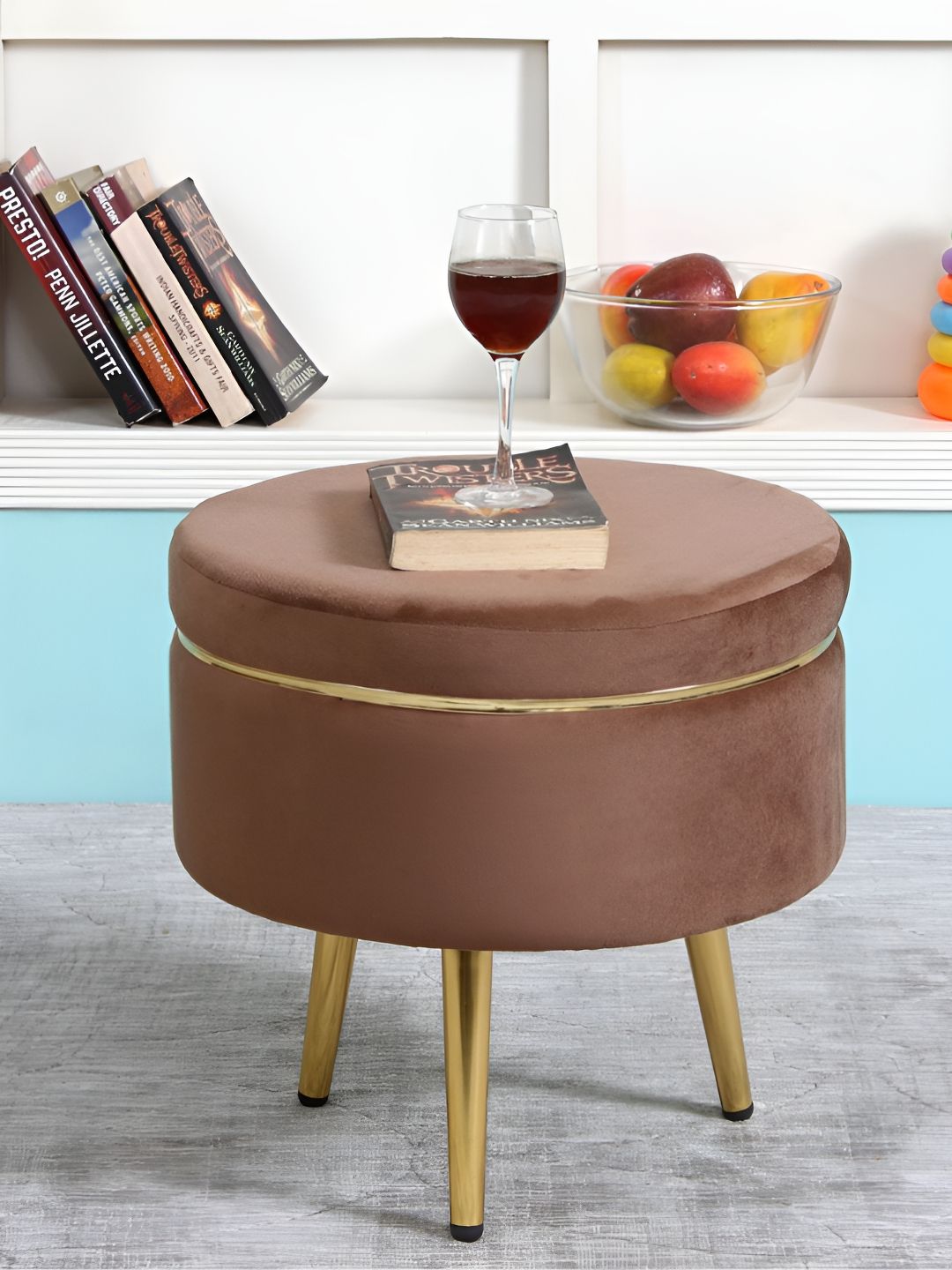 Shadowkart Brown And Gold Toned Wooden Cylindrical Pouffes Ottomans-picture-42