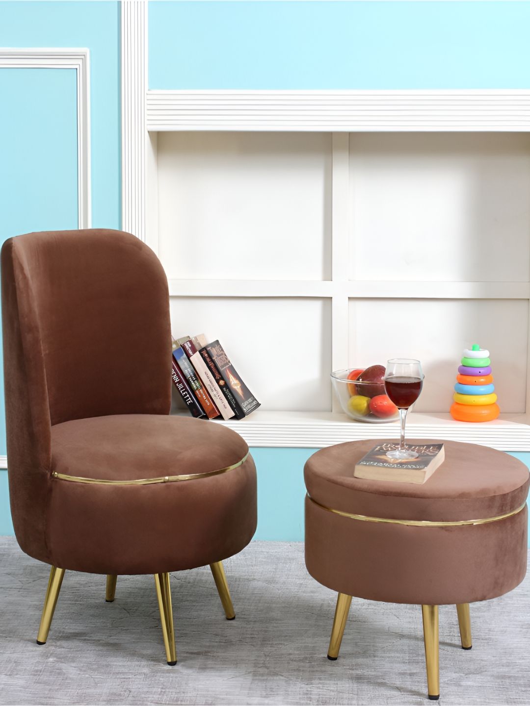 Shadowkart Brown And Gold Toned 2 Pieces Wooden Cylindrical Pouffes Ottomans-picture-10
