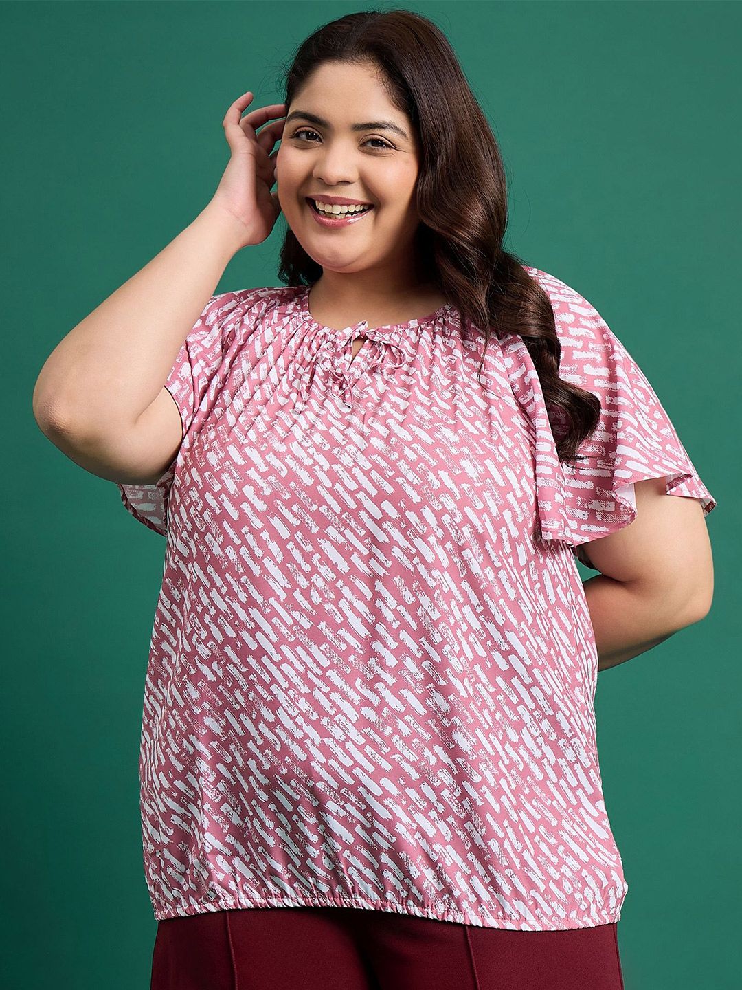 DressBerry Curve Plus Size Women Printed Tie-Up Neck Flutter Sleeve Top-picture-27