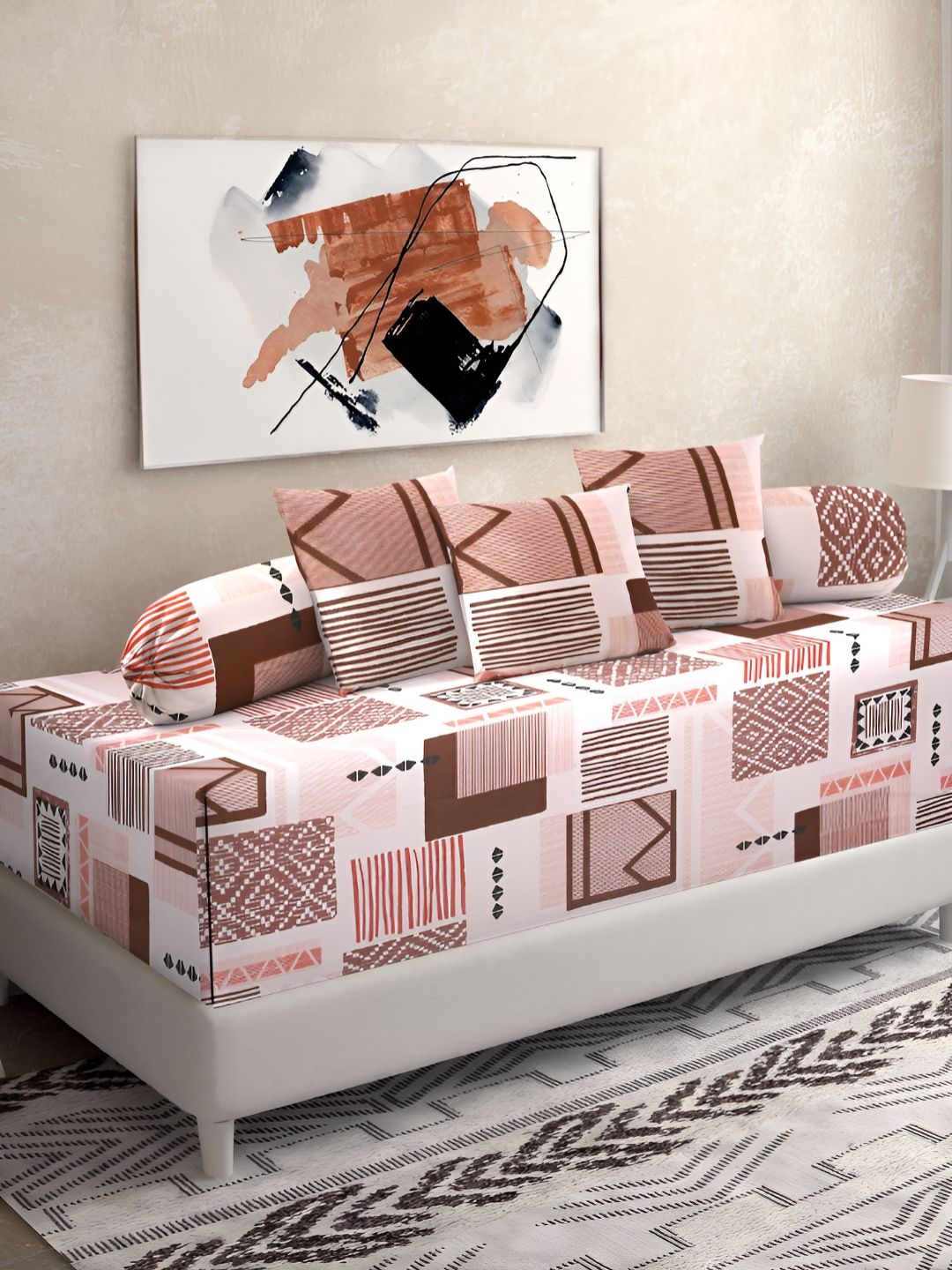 Myntra Elegant Homes White & Pink 6-Pcs Pure Cotton Geometric Printed Diwan Set-picture-43