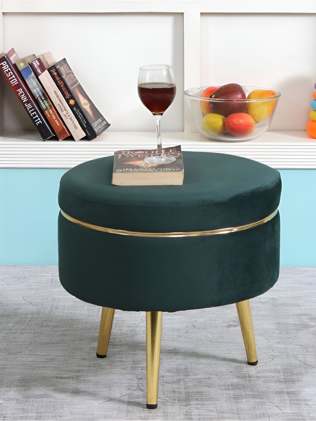 Shadowkart Green And Gold Toned Wooden Cylindrical Pouffes Ottomans-picture-54