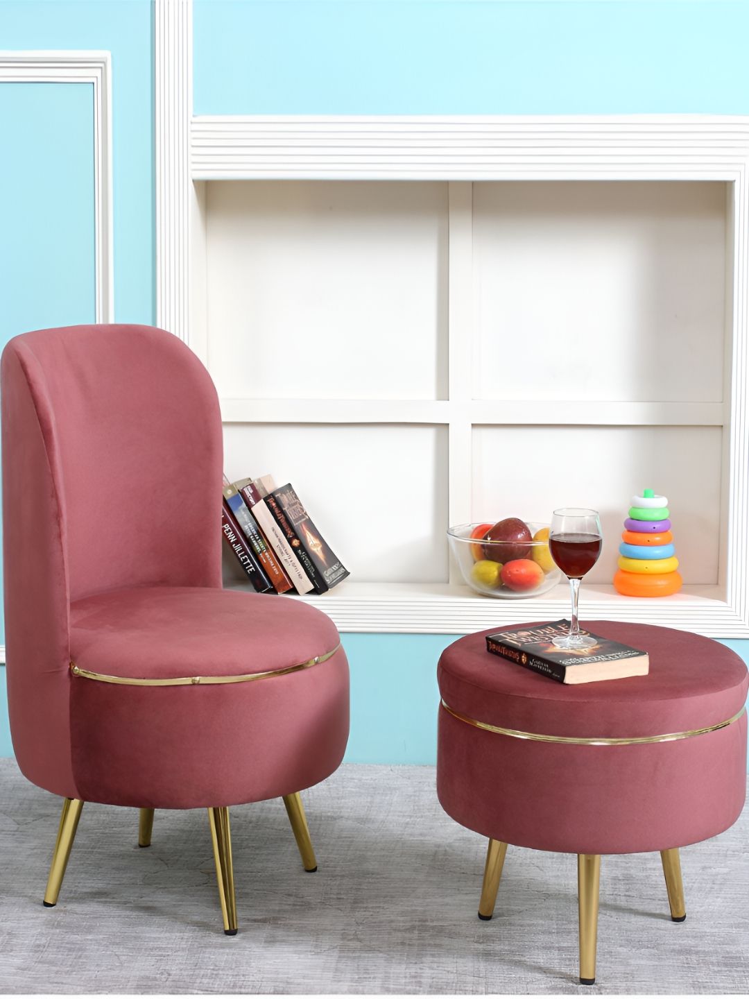 Shadowkart Pink And Gold Toned 2 Pieces Wooden Cylindrical Pouffes Ottomans-picture-11