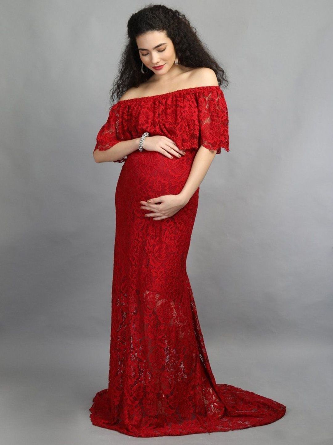The Mom Store Embellished Off-Shoulder Lace Maternity Maxi Dress-picture-39