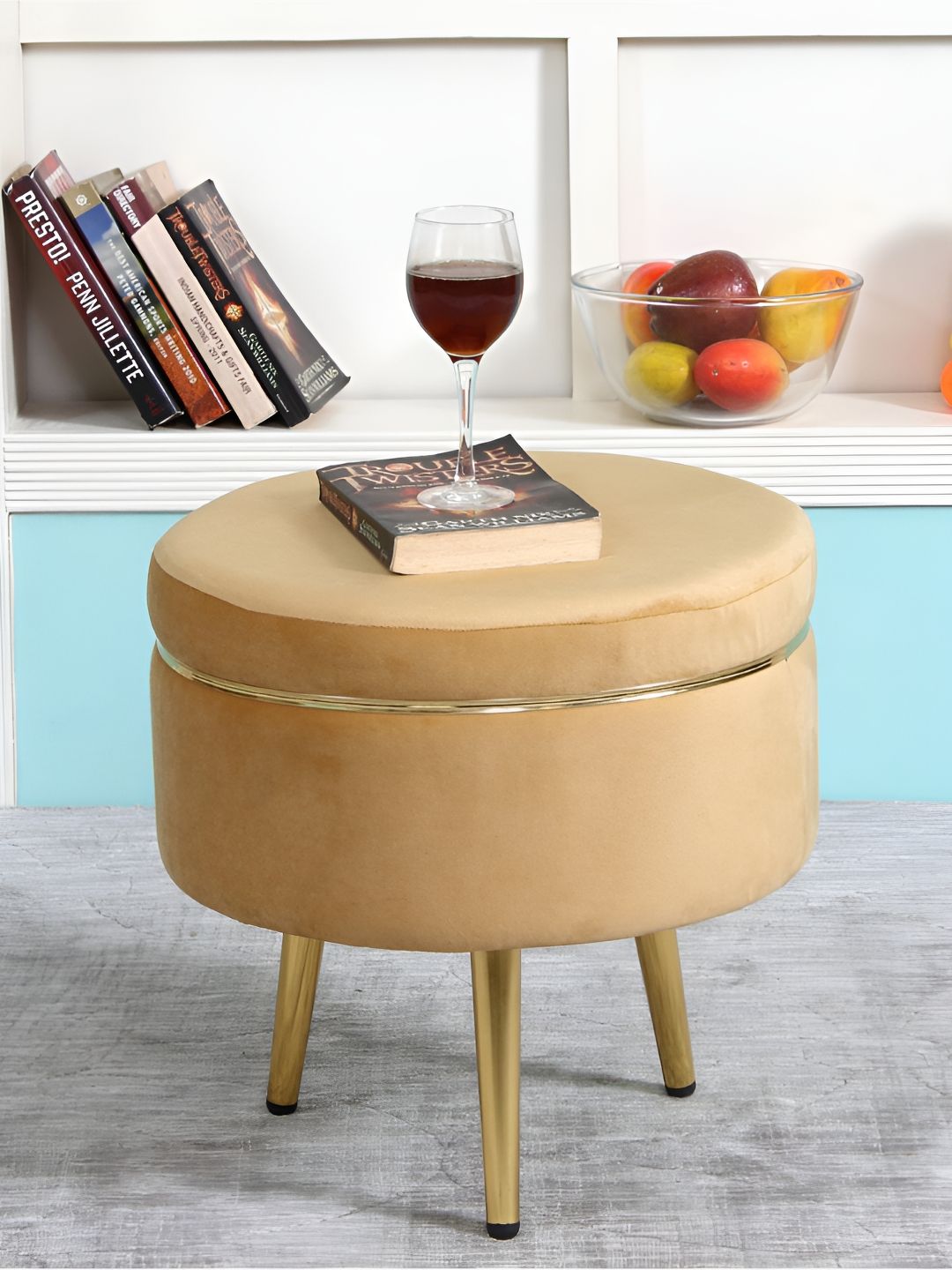 Shadowkart Beige And Gold Toned Wooden Cylindrical Pouffes Ottomans-picture-50