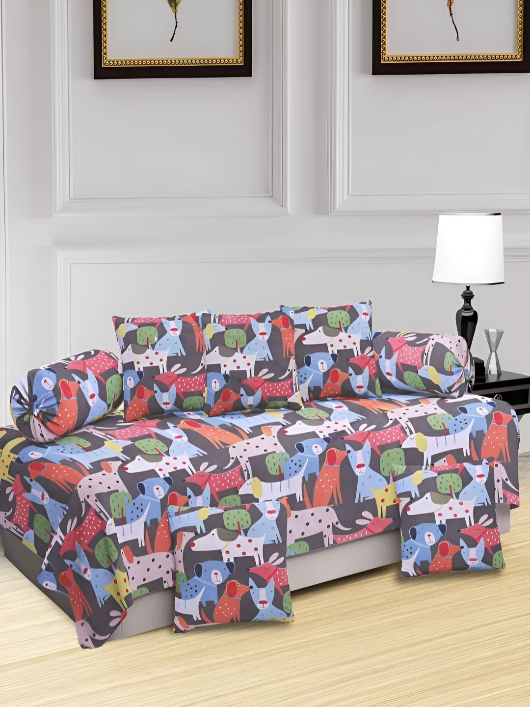Myntra Elegant Homes Grey & Blue 8-Pcs Cartoon Characters Printed Diwan Set-picture-33