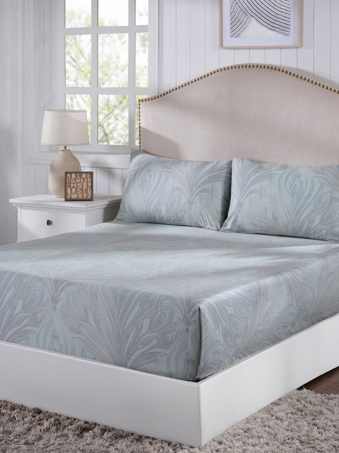 MASPAR Blue Printed Pure Cotton 400 TC King Size Bedsheet & 2 Pillow Cover 2.75 x 2.75 m-image-14