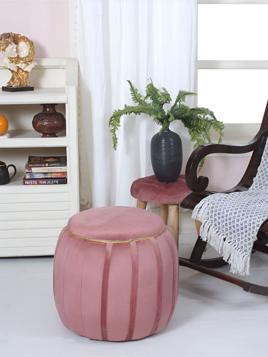 Shadowkart Pink And Gold Toned Textured Wooden Cylindrical Pouffes Ottomans-picture-10