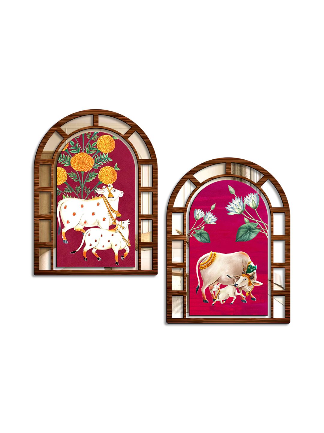 SEHAZ ARTWORKS Pink & White 2 Pieces Jharokha Cow Birds and Animals Wall Hanging-picture-35