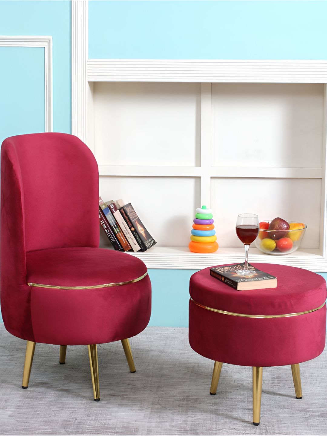 Shadowkart Maroon & Gold-Toned 2 Pieces Wooden Cylindrical Pouffes Ottomans-image-4