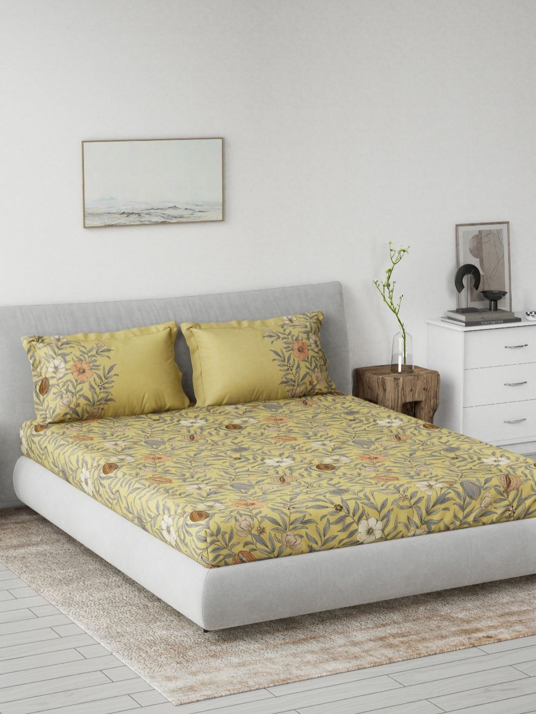 DDecor Yellow & Grey Floral Printed Cotton 145 TC King Bedsheet Set 2.29 m X 2.74 m-picture-27