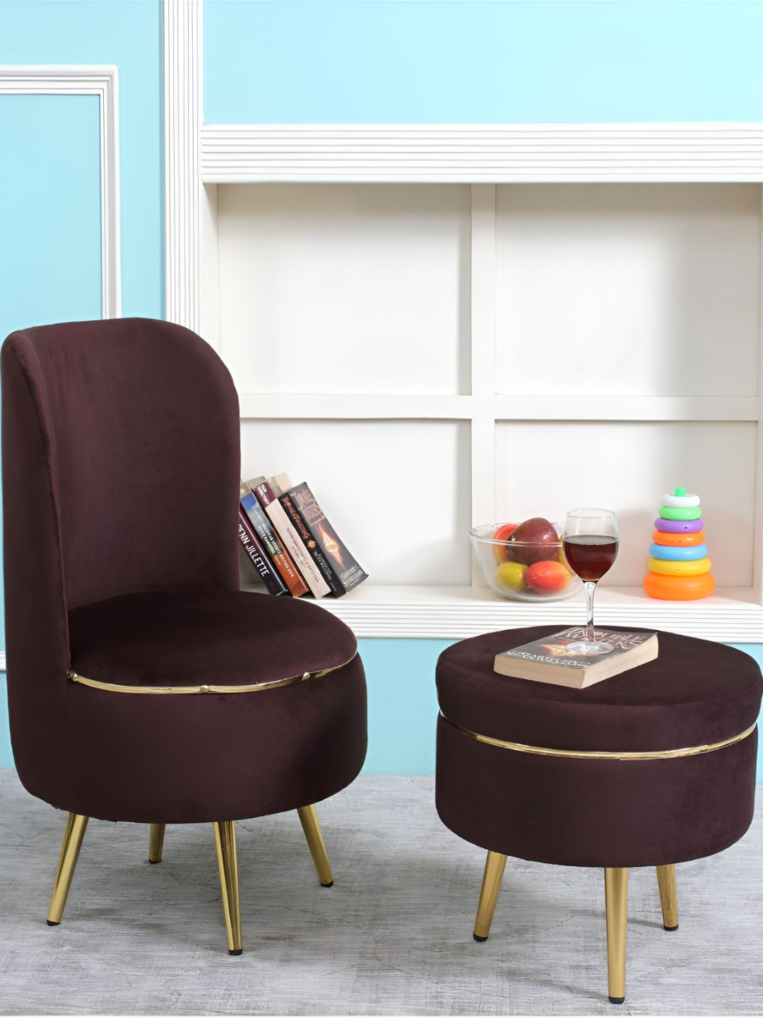 Shadowkart Brown And Gold Toned 2 Pieces Wooden Cylindrical Pouffes Ottomans-picture-11