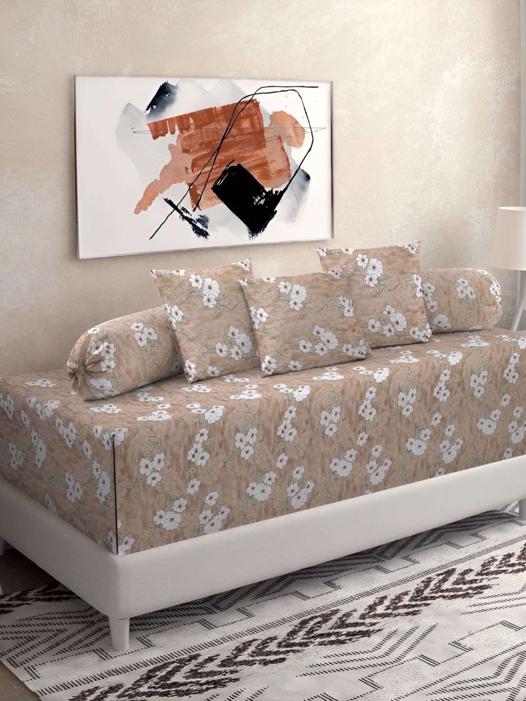 Myntra Elegant Homes 6-Pcs Beige & White Pure Cotton Floral Printed Diwan Set-picture-18