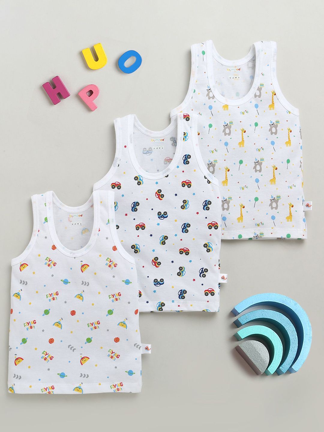 BUMZEE Infant Boys Pack Of 3 Printed Cotton Basic Vests-picture-15