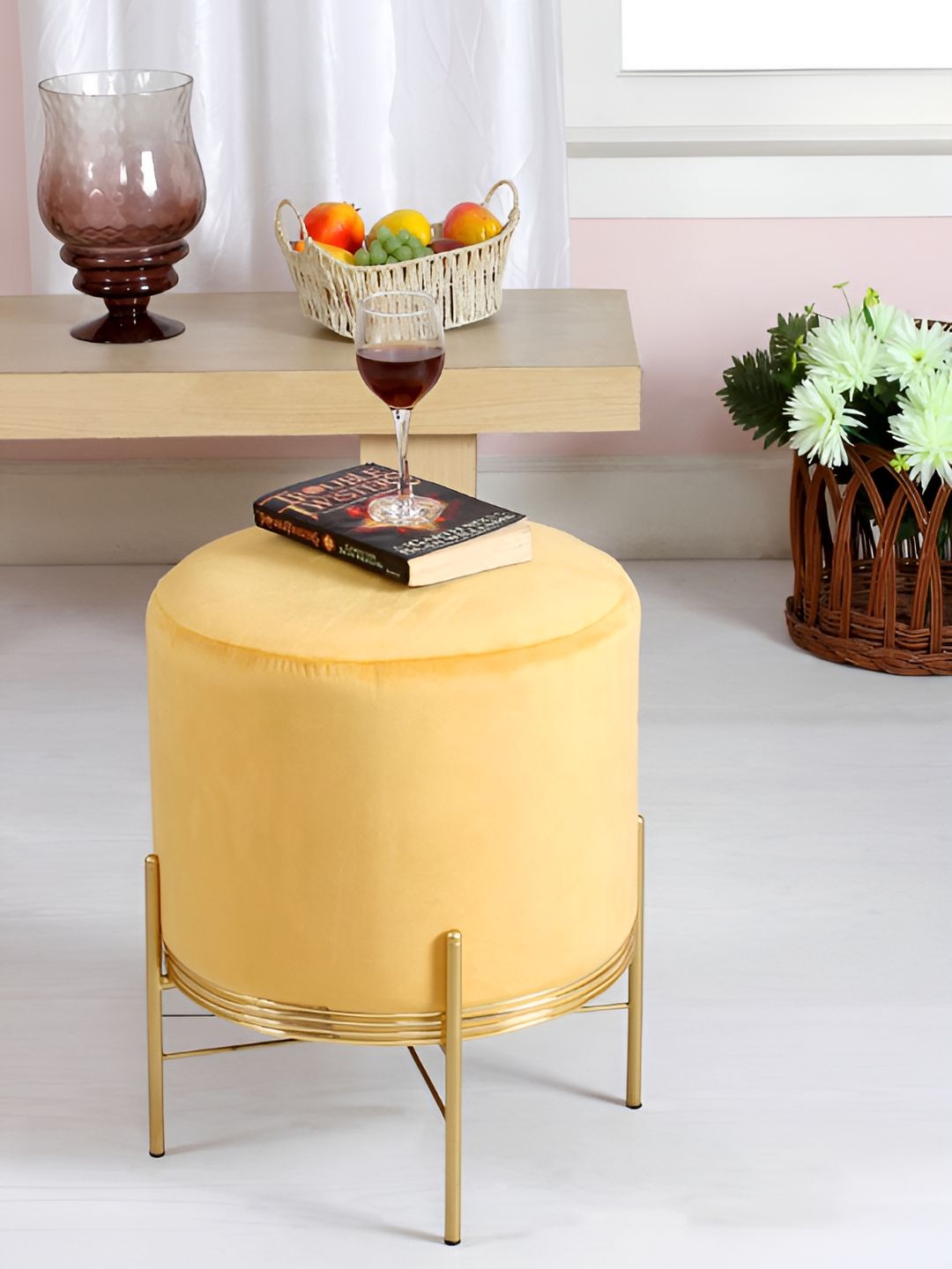 Shadowkart Yellow & Gold-Toned Cylindrical Pouffes Ottomans-picture-47