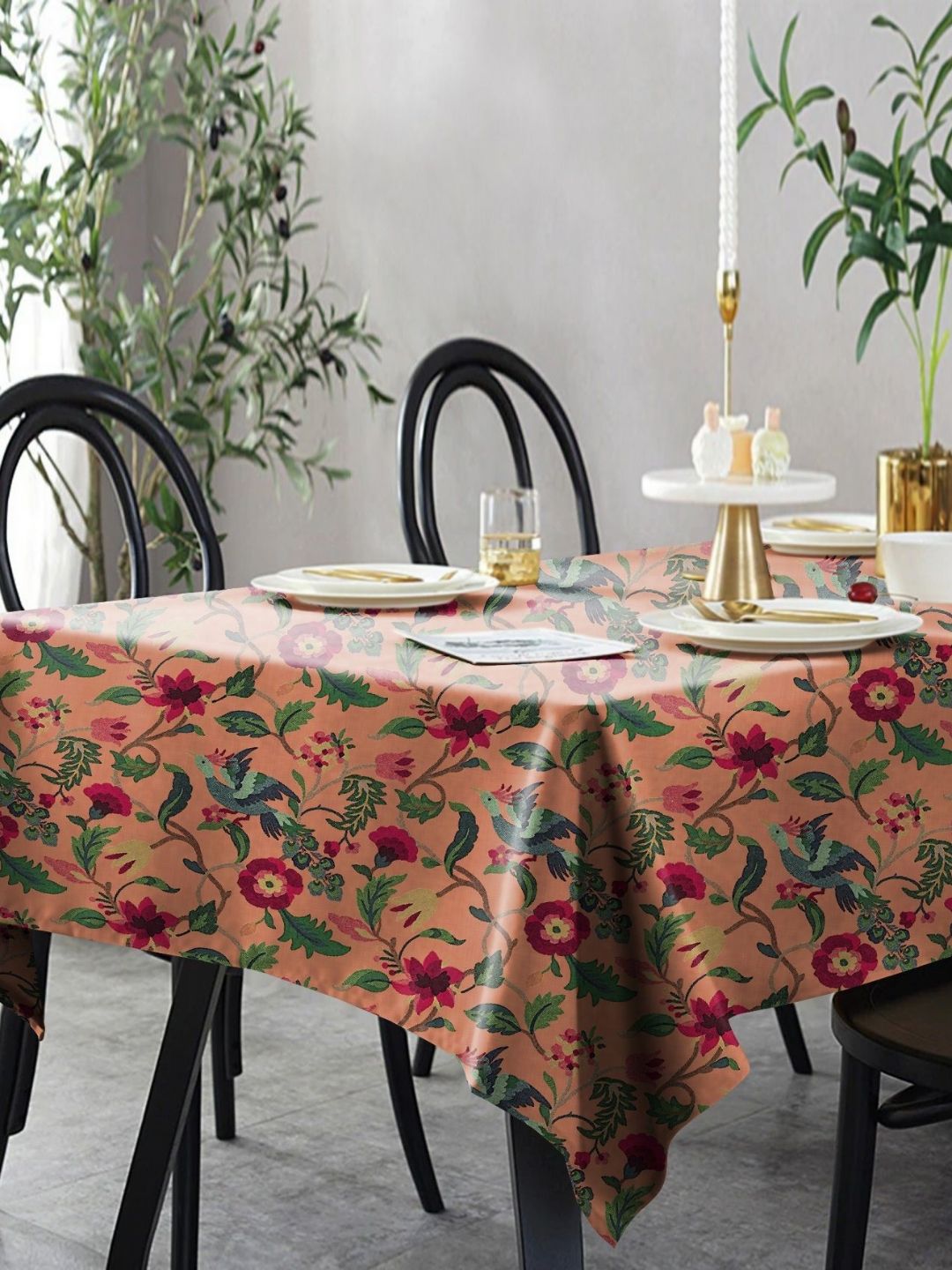 CASABLEU Peach & Green 2 Pieces Floral Printed 6 Seater Table Cover-image-2