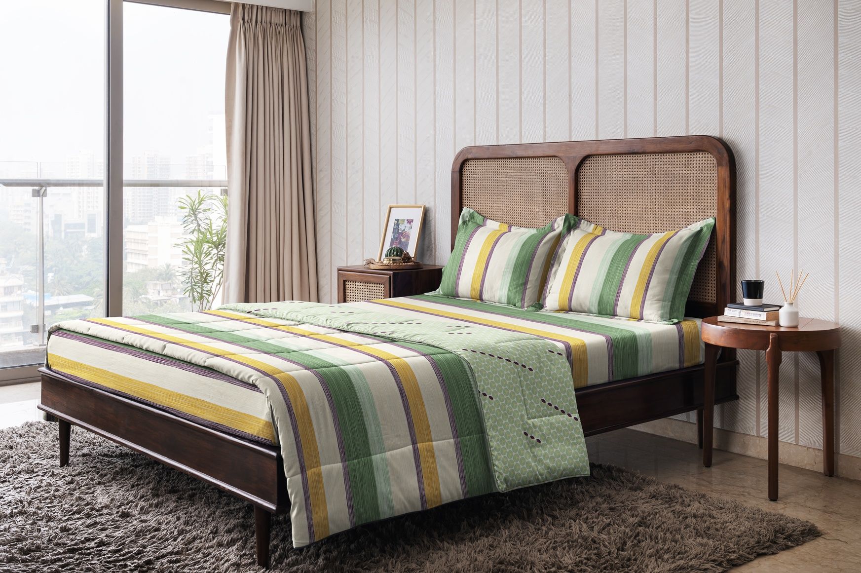 The Happy Pod Green & Beige Stripe Pure Cotton AC Room 150 GSM Double Bed Comforter-image-29