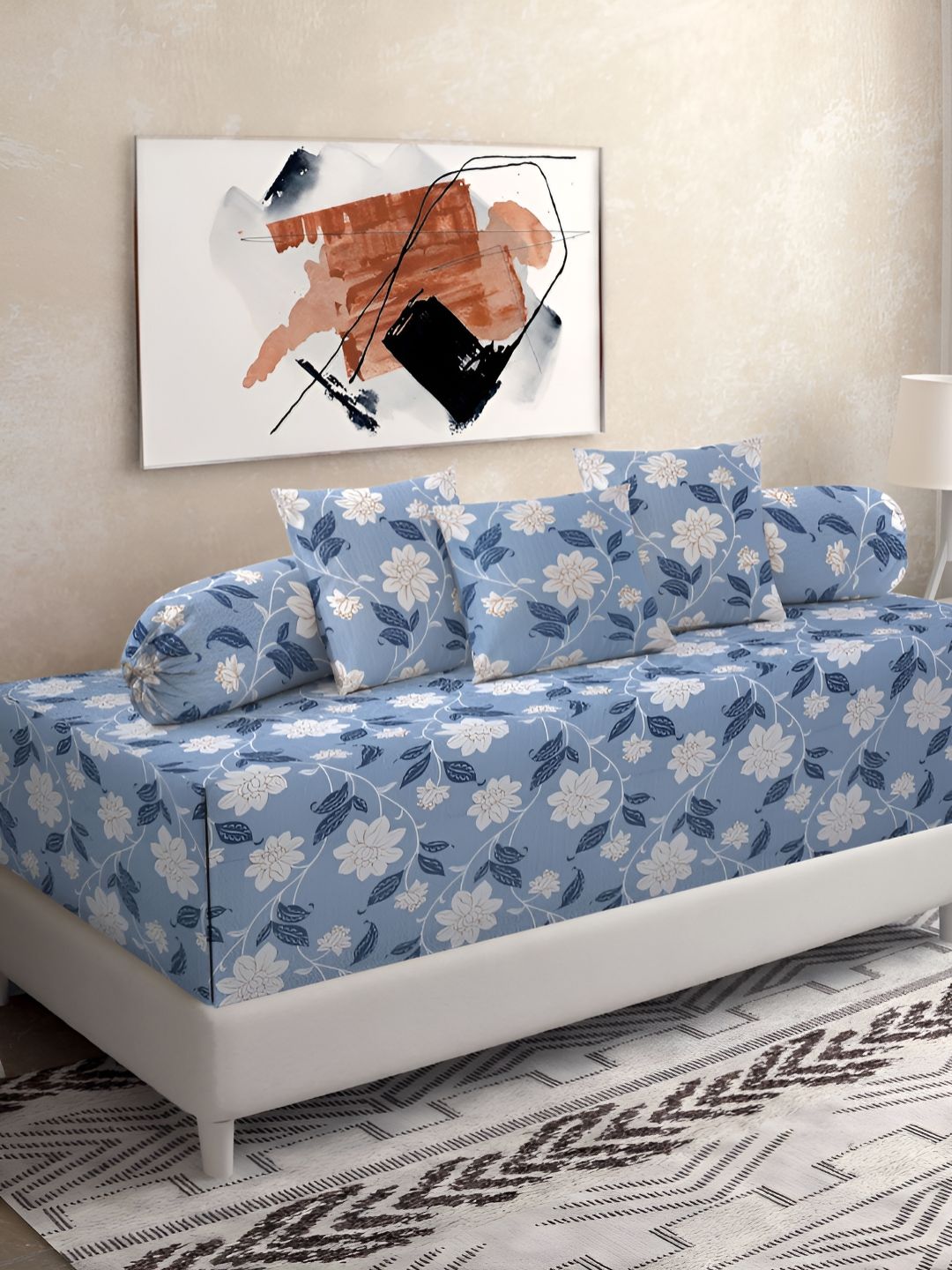 Myntra Elegant Homes 6-Pcs Blue & White Floral Printed Diwan Set-picture-29