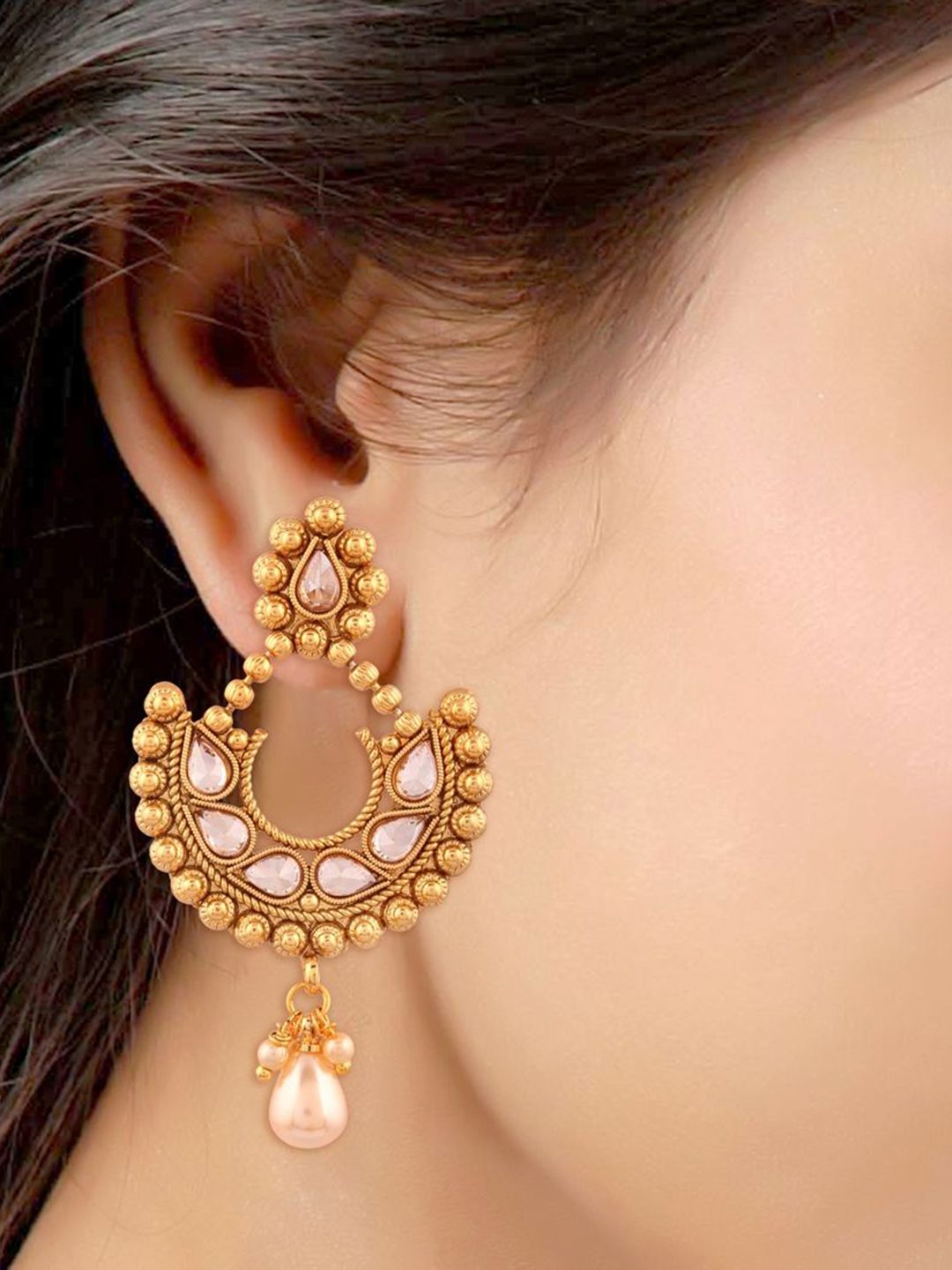 Anouk Gold-Plated Kundan Studded & Beaded Contemporary Drop Earrings-picture-24