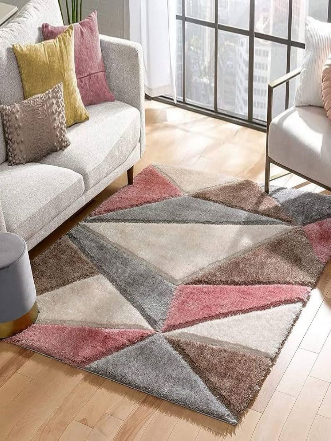 CARPETIFY Peach Geometric Shaggy Anti-Skid Carpet-picture-12