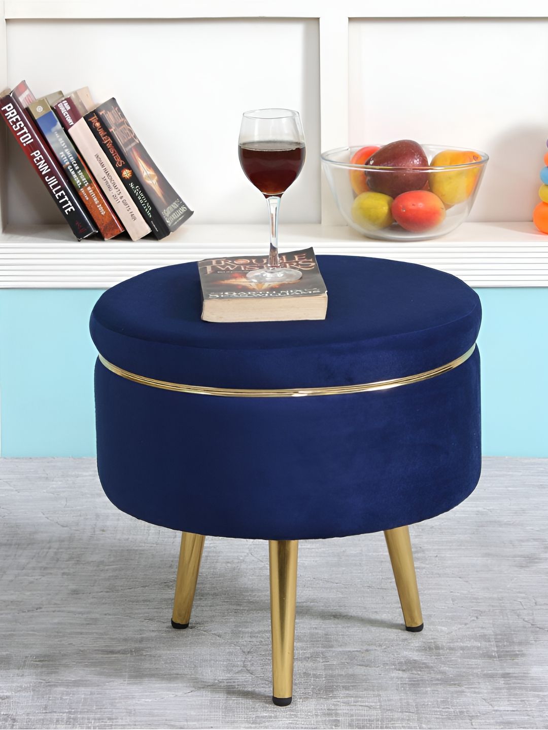Shadowkart Blue And Gold Toned Wooden Cylindrical Pouffes Ottomans-picture-32