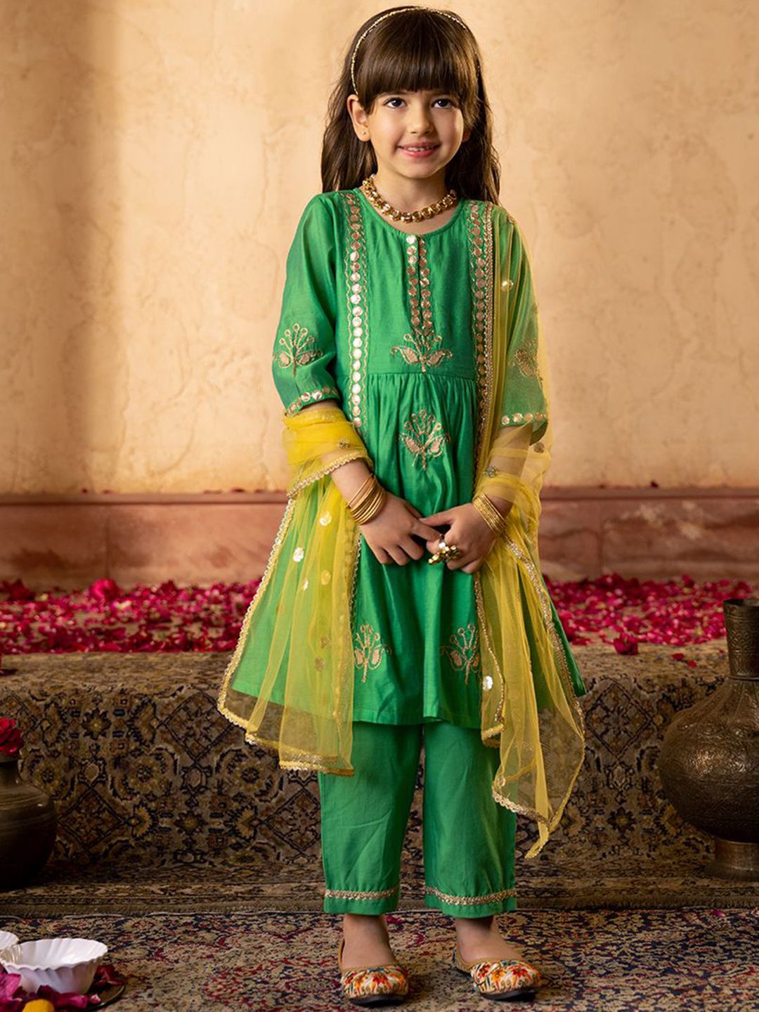 pspeaches Girls Ethnic Motifs Embroidered Regular Chanderi Cotton Kurta with Trousers & With Dupatta-picture-42