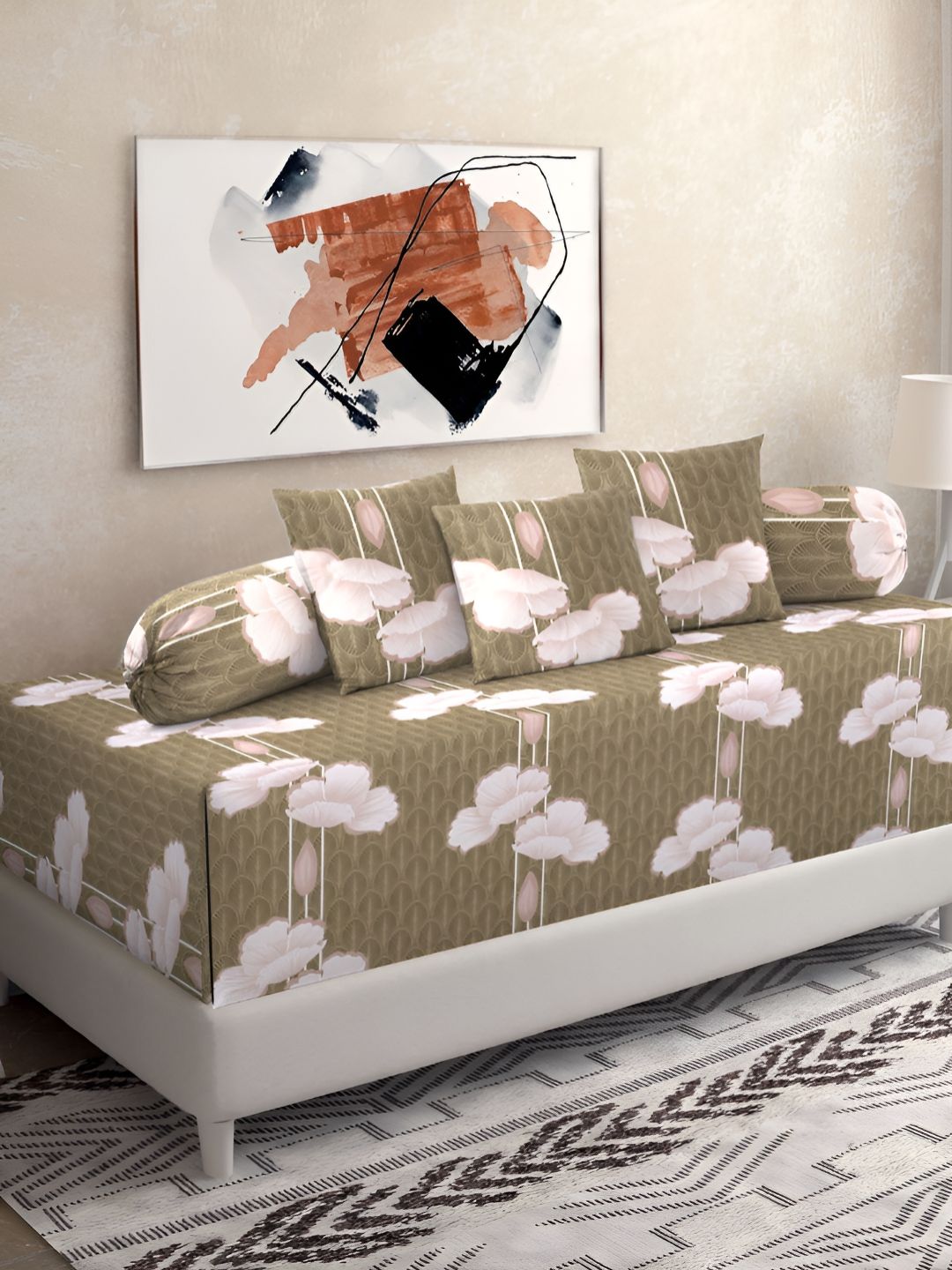 Myntra Elegant Homes Mustard & Pink 6 Pieces Floral Printed Pure Cotton Diwan Set-picture-21