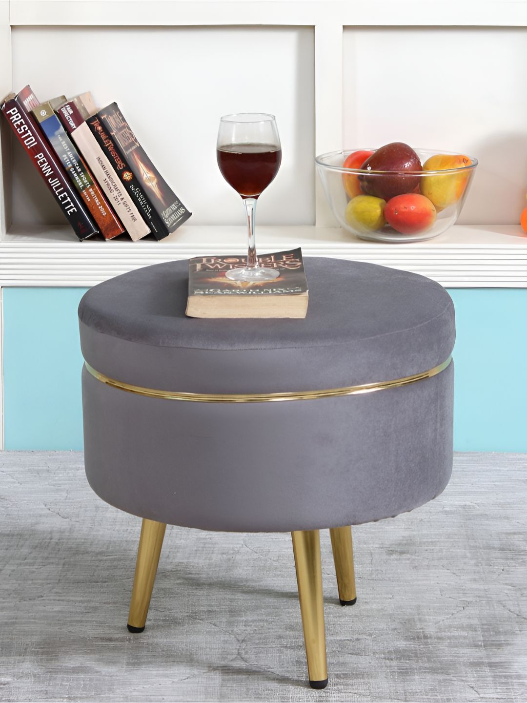 Shadowkart Grey And Gold Toned Wooden Cylindrical Pouffes Ottomans-picture-47