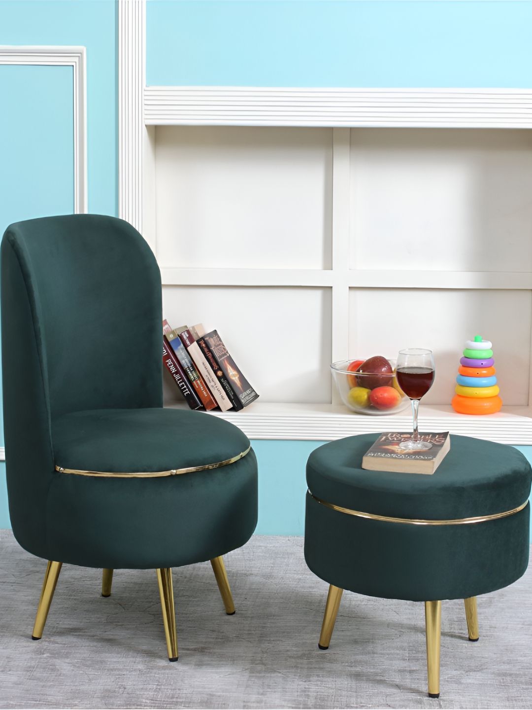 Shadowkart Green & Gold-Toned 2 Pieces Wooden Cylindrical Pouffes Ottomans-picture-33