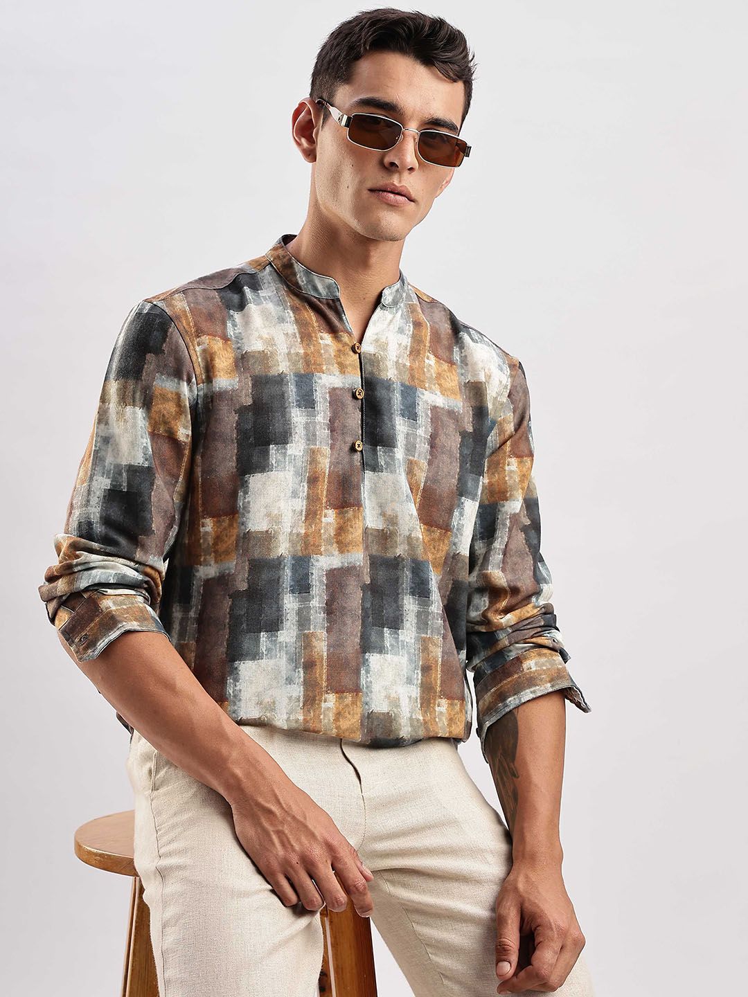 HERE&NOW Abstract Printed Mandarin Collar Straight Kurta-picture-28