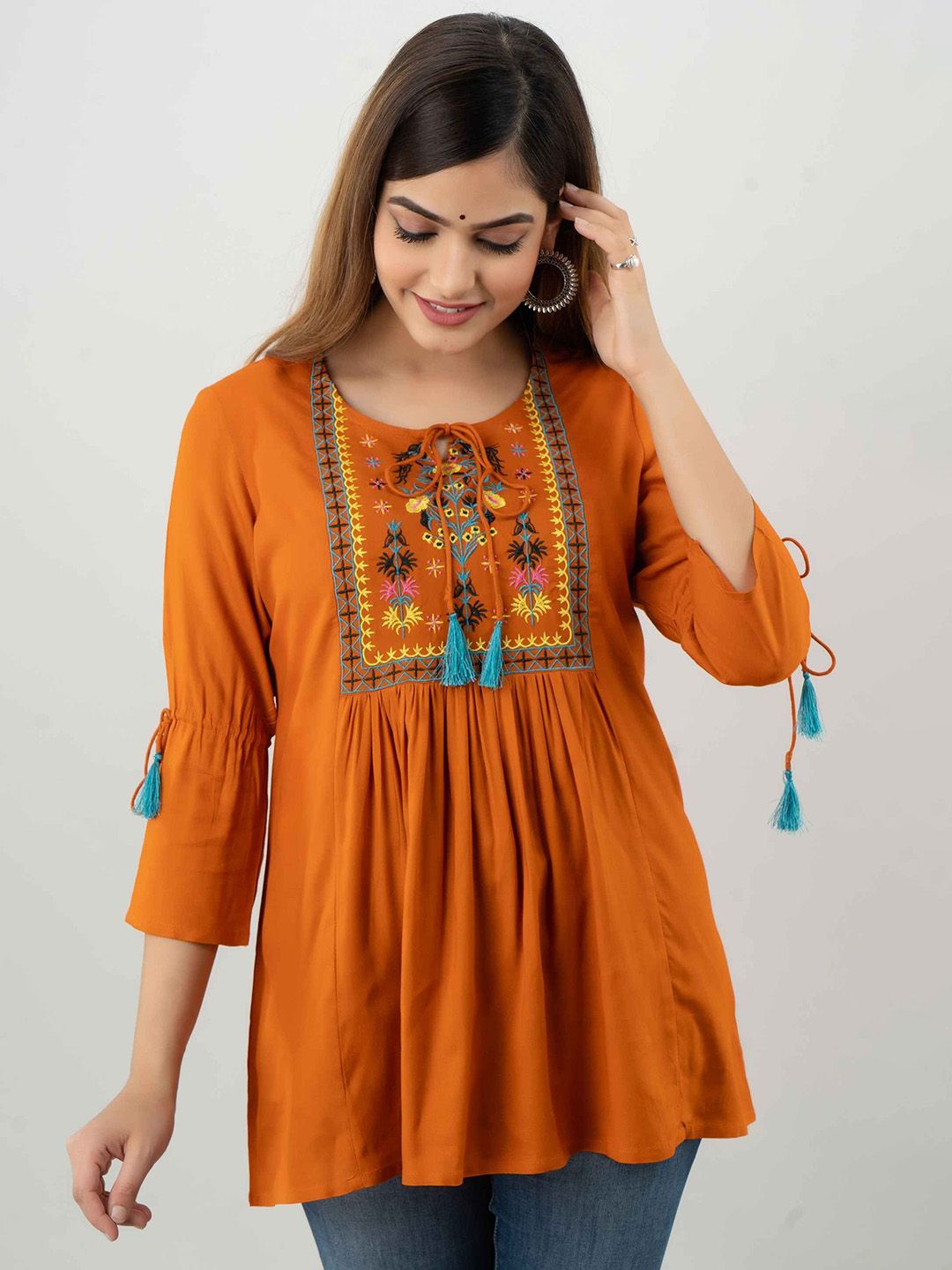DMP FASHION Floral Yoke Design Tie up Neck Thread Work A-Line Kurti-picture-51