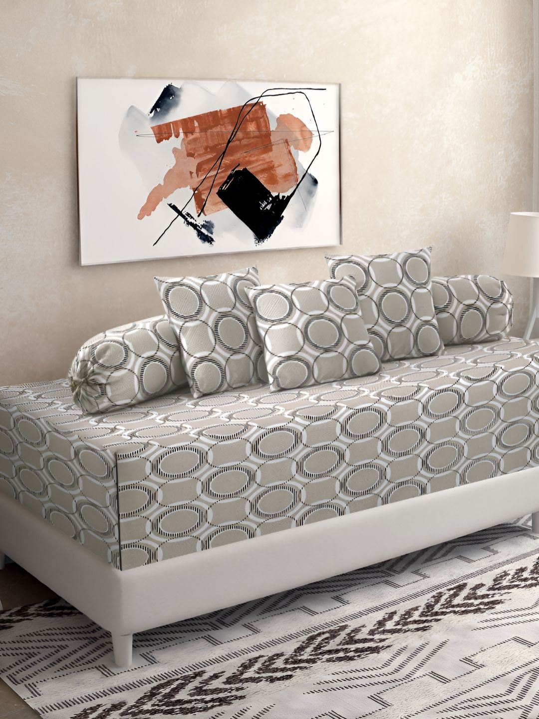 Myntra Elegant Homes Beige & Black 6 Pieces Pure Cotton Geometric Printed Diwan Set-picture-54