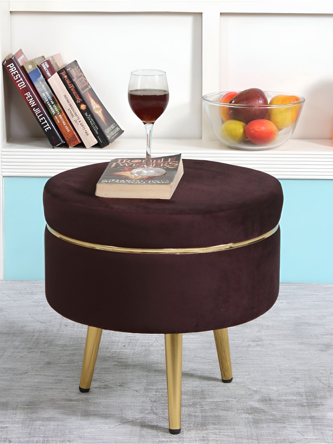 Shadowkart Brown & Gold-Toned Wooden Cylindrical Pouffes Ottomans-picture-19