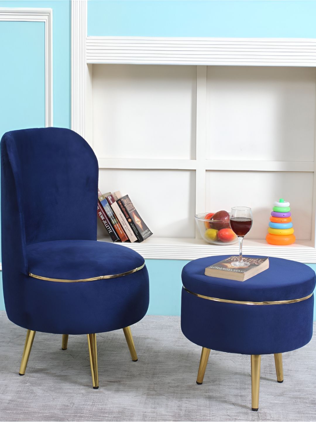 Shadowkart Blue And Gold Toned 2 Pieces Wooden Cylindrical Pouffes Ottomans-image-25