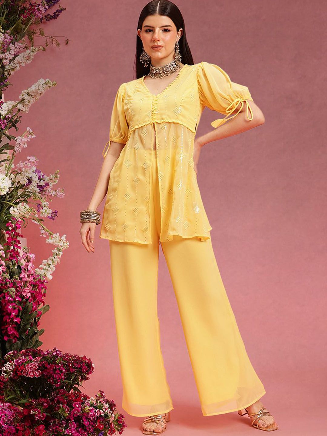 indo street Ethnic Motifs Embroidered V-Neck Sequinned Straight Kurta With Palazzos