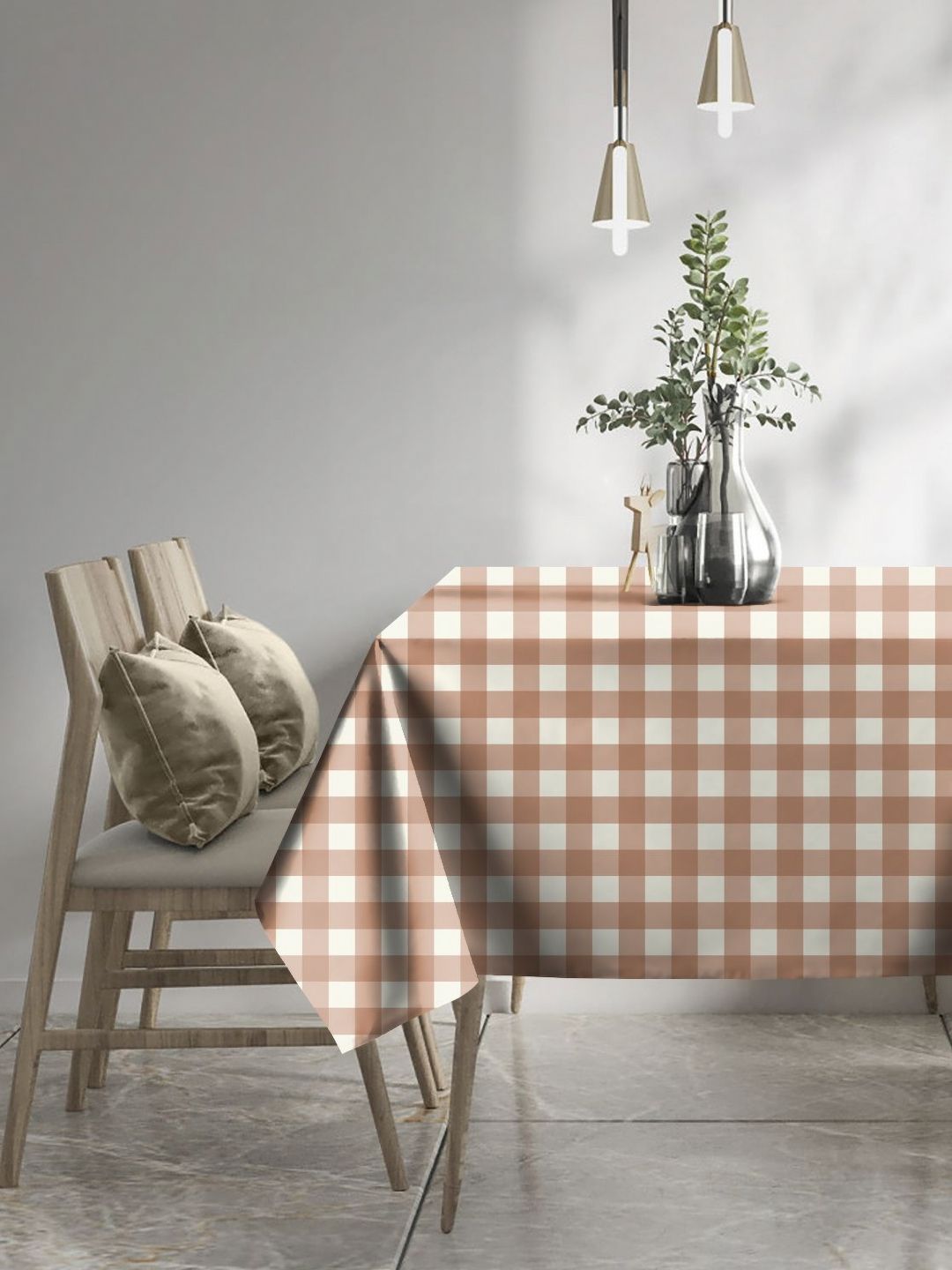 CASABLEU Orange & White 2 Pieces Checked 6 Seater Table Cover