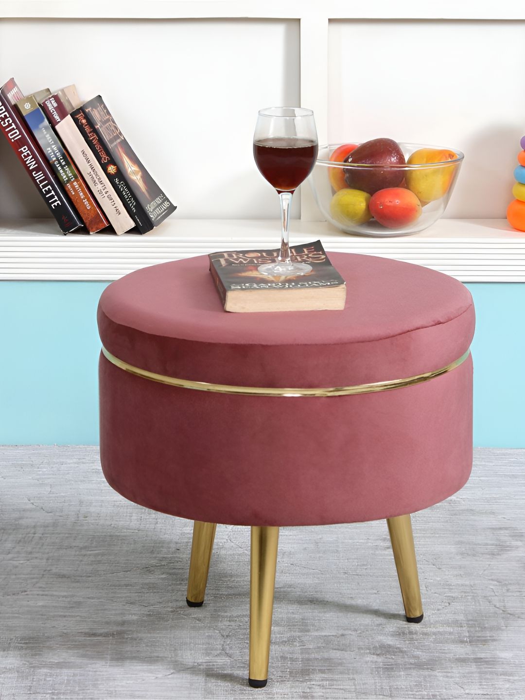 Shadowkart Pink & Gold-Toned Wooden Cylindrical Pouffes Ottomans-picture-44