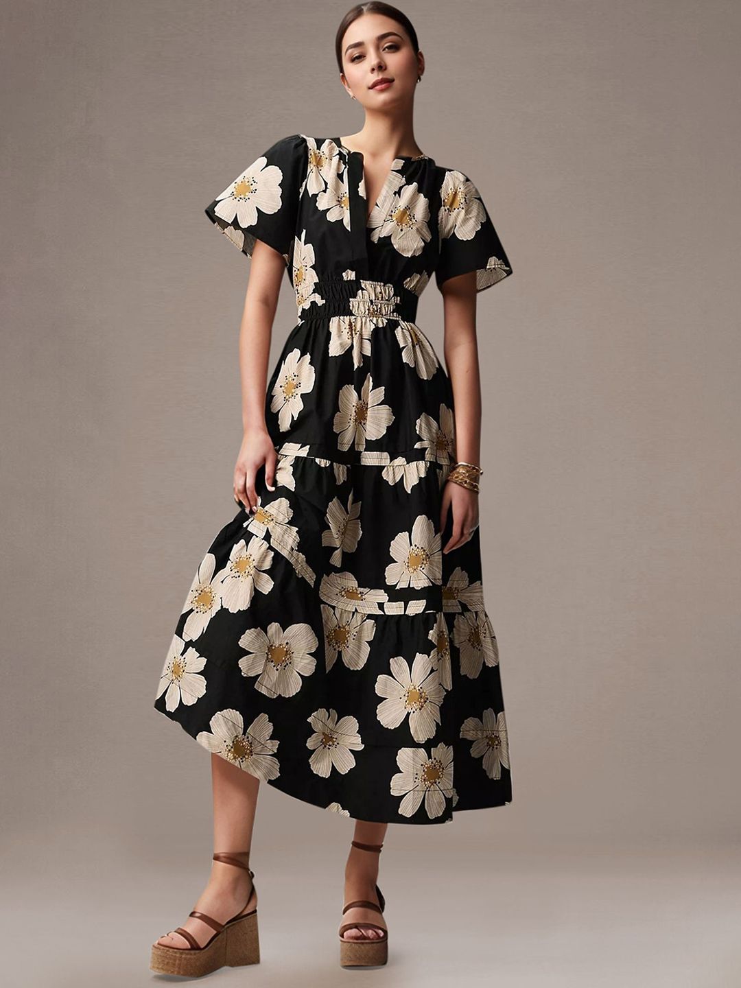 ChicFlick Women Floral Printed Smocked Tiered Fit and Flare Midi Dress