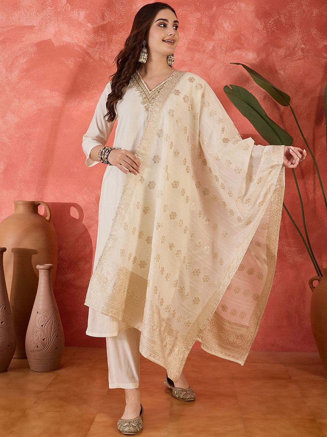 Sangria Ethnic Motifs Embroidered Straight Kurta & Trousers With Dupatta-picture-56