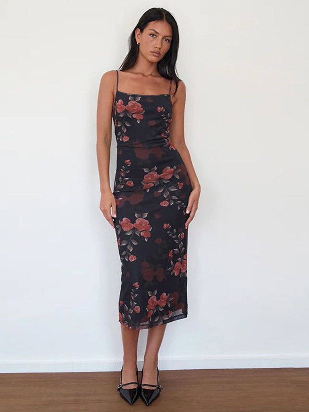 Outzidr Women Floral Printed Bodycon Midi Dress-picture-26