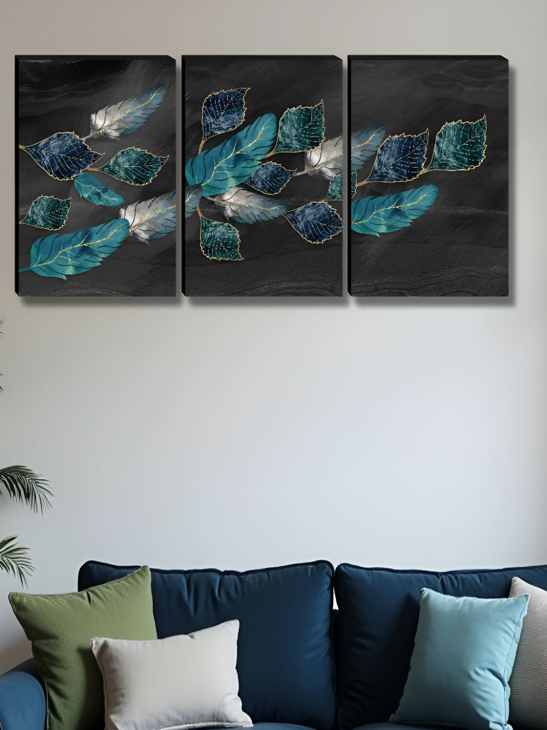 SAF Black & Blue 3 Pieces Leaf Printed Wooden Wall Art-picture-11